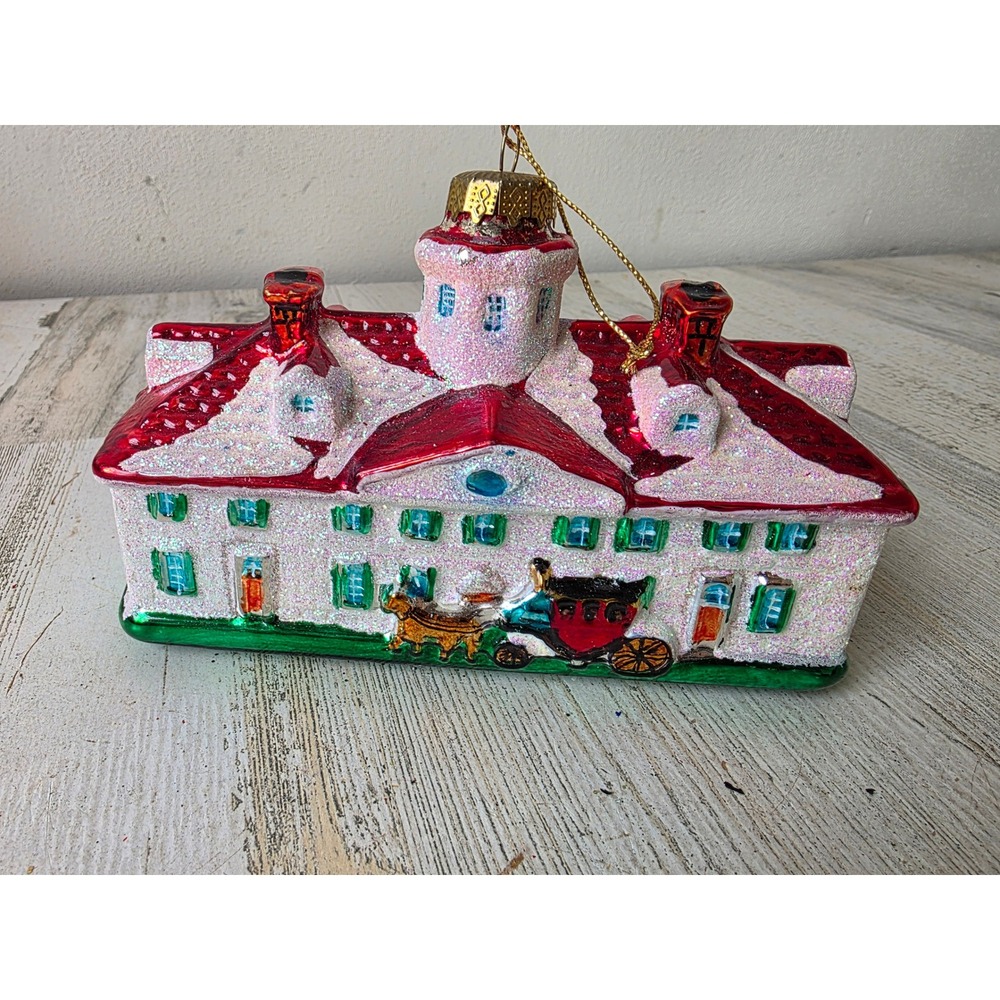 Vintage White House carriage glass ornament glitter Xmas tree large building
